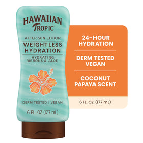 Hawaiian Tropic next to hand to show 6 fl oz size and travel-friendly benefit