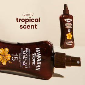 Hawaiian Tropic dry oil-gel texture close-up for quick absorption benefit