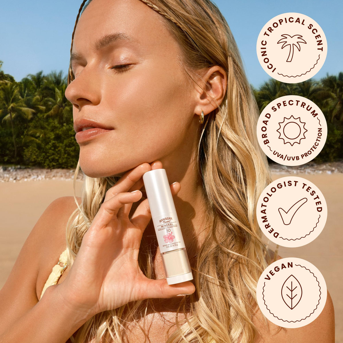 Hawaiian Tropic compact in a travel bag showing portability for on-the-go reapplication