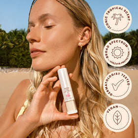 Hawaiian Tropic compact in a travel bag showing portability for on-the-go reapplication