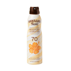 Hawaiian Tropic front packaging shows SPF 70 and lightweight benefit