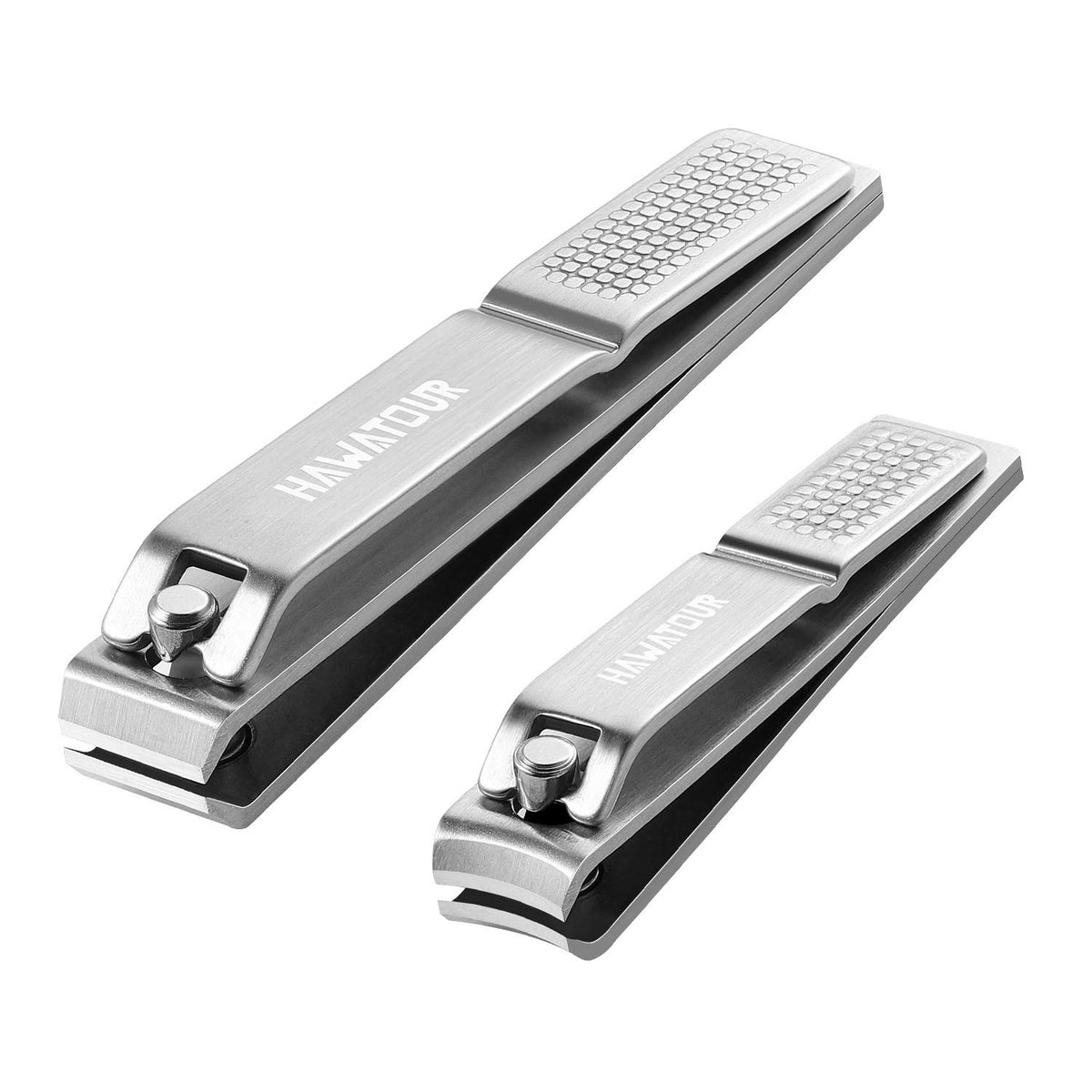 HAWATOUR front view of clippers set showing compact tin case and two clippers for organized storage
