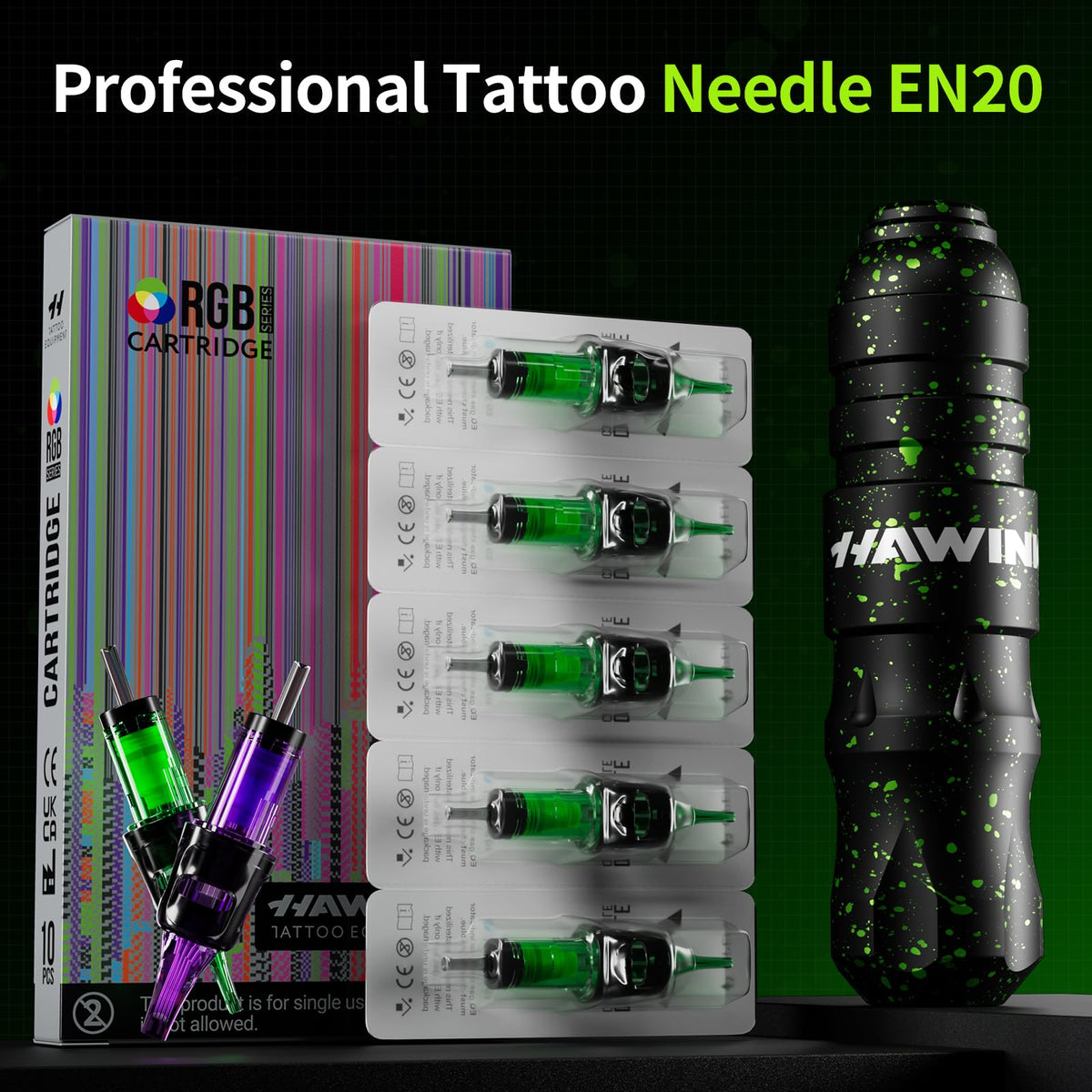 HAWINK kit contents laid out including gun batteries needles and inks
