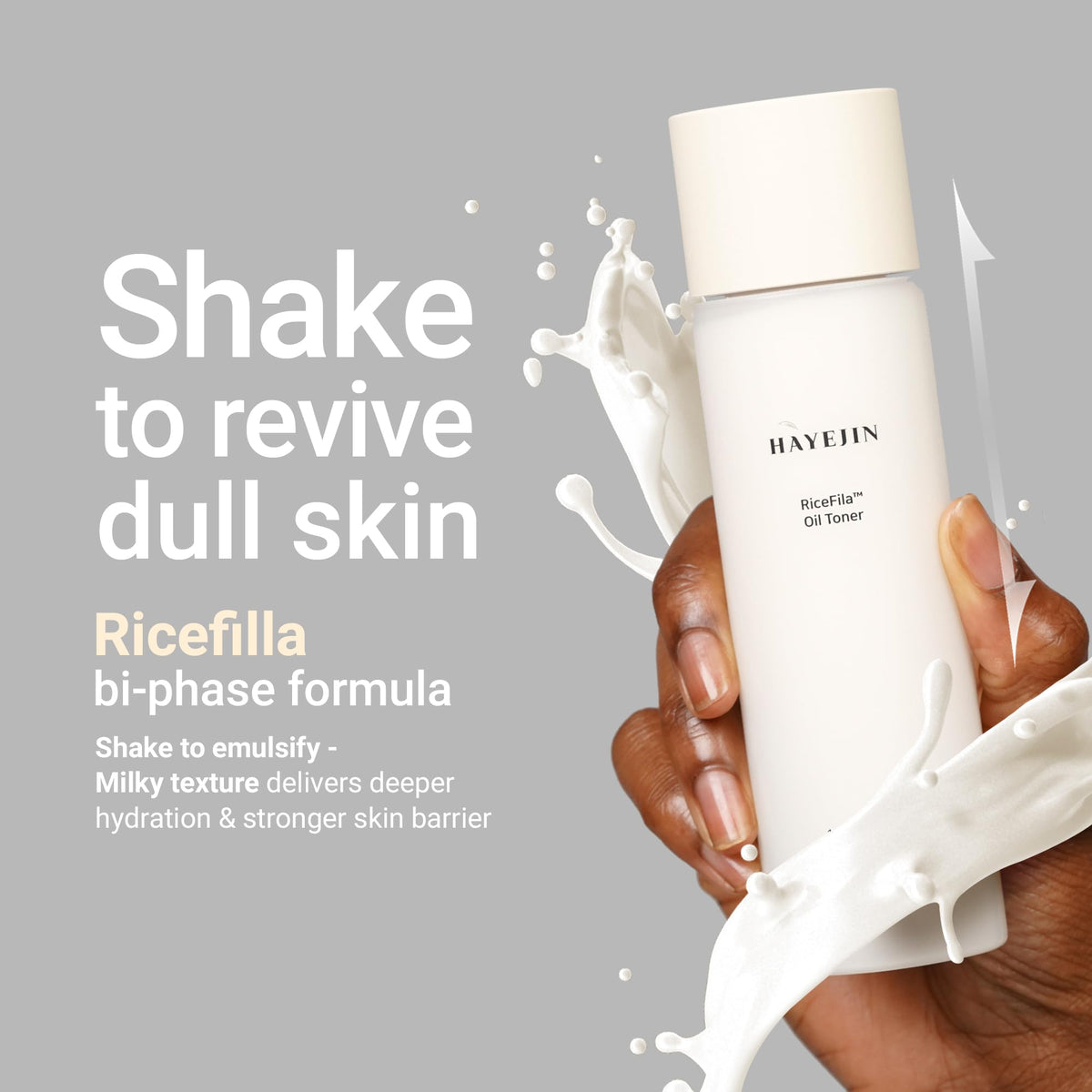 HAYEJIN product on hand palm showing milky fluid, illustrates lightweight hydration benefit