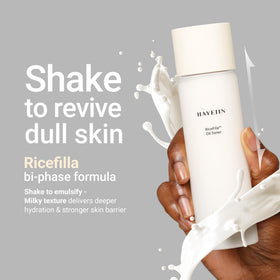 HAYEJIN product on hand palm showing milky fluid, illustrates lightweight hydration benefit