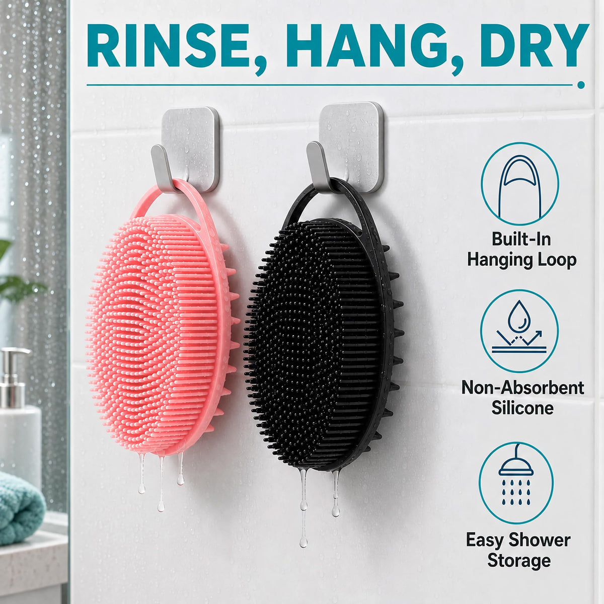 HAYSNA scrubber producing foam in wet shower demonstrating thorough cleansing