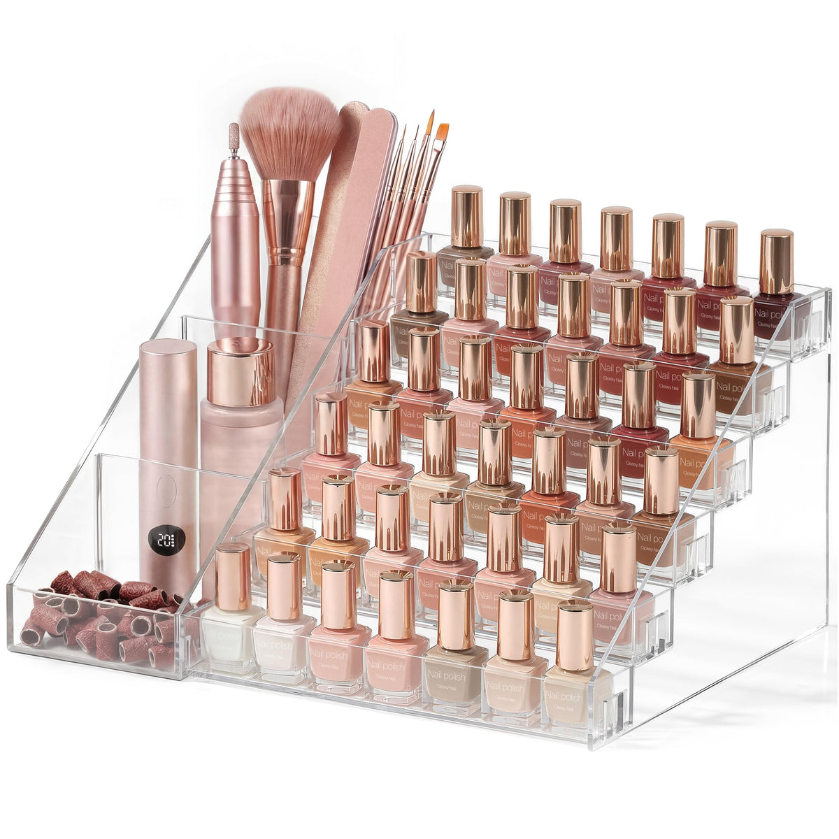 HBlife clear 6-tier front view showing organized polishes and quick selection benefit