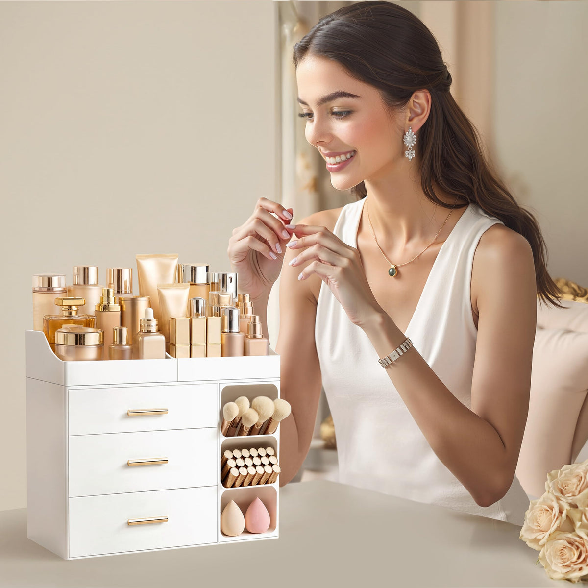 HBlife lifestyle vanity setting demonstrating a clutter-free beauty routine