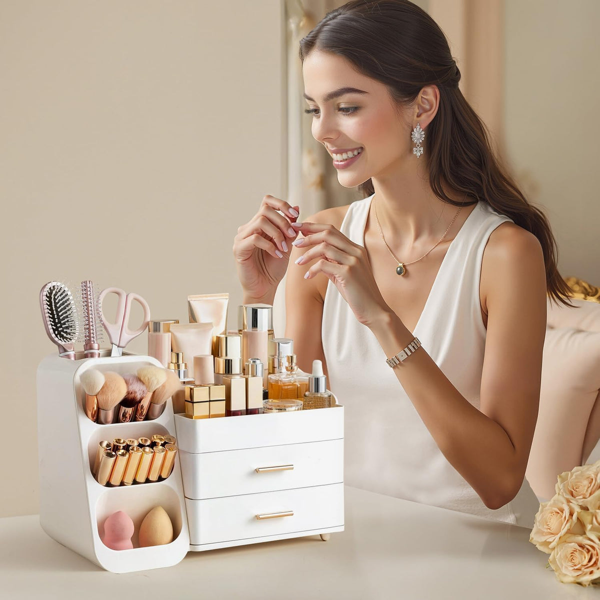 HBlife on vanity with skincare and perfume showing organized routine