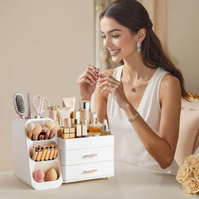 HBlife on vanity with skincare and perfume showing organized routine