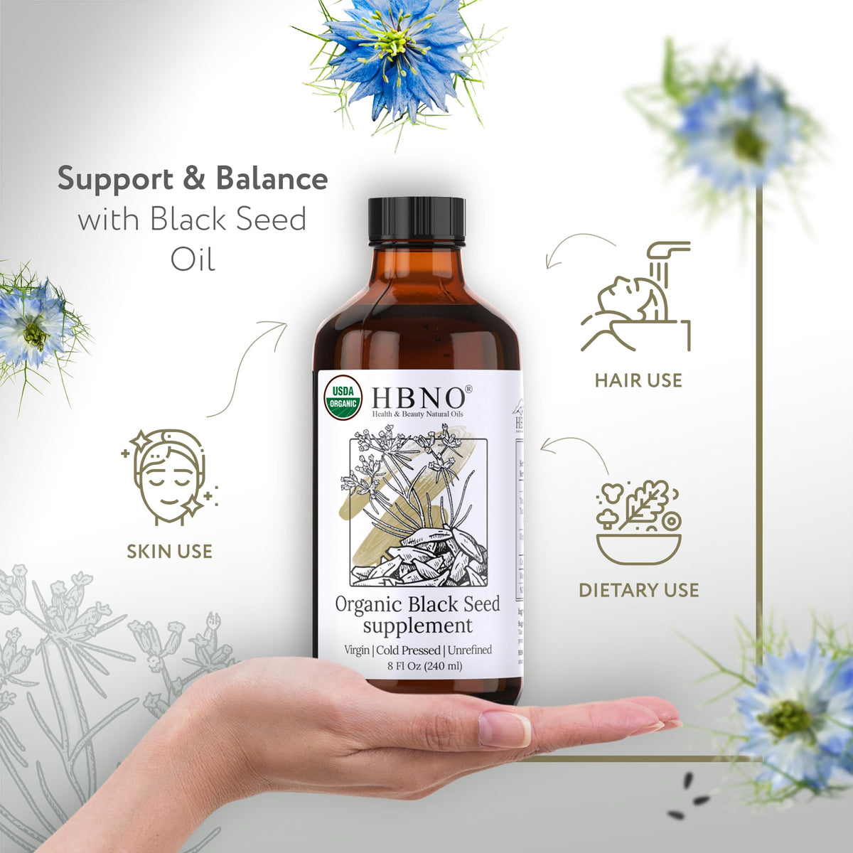 HBNO dark glass bottle detail protecting oil freshness