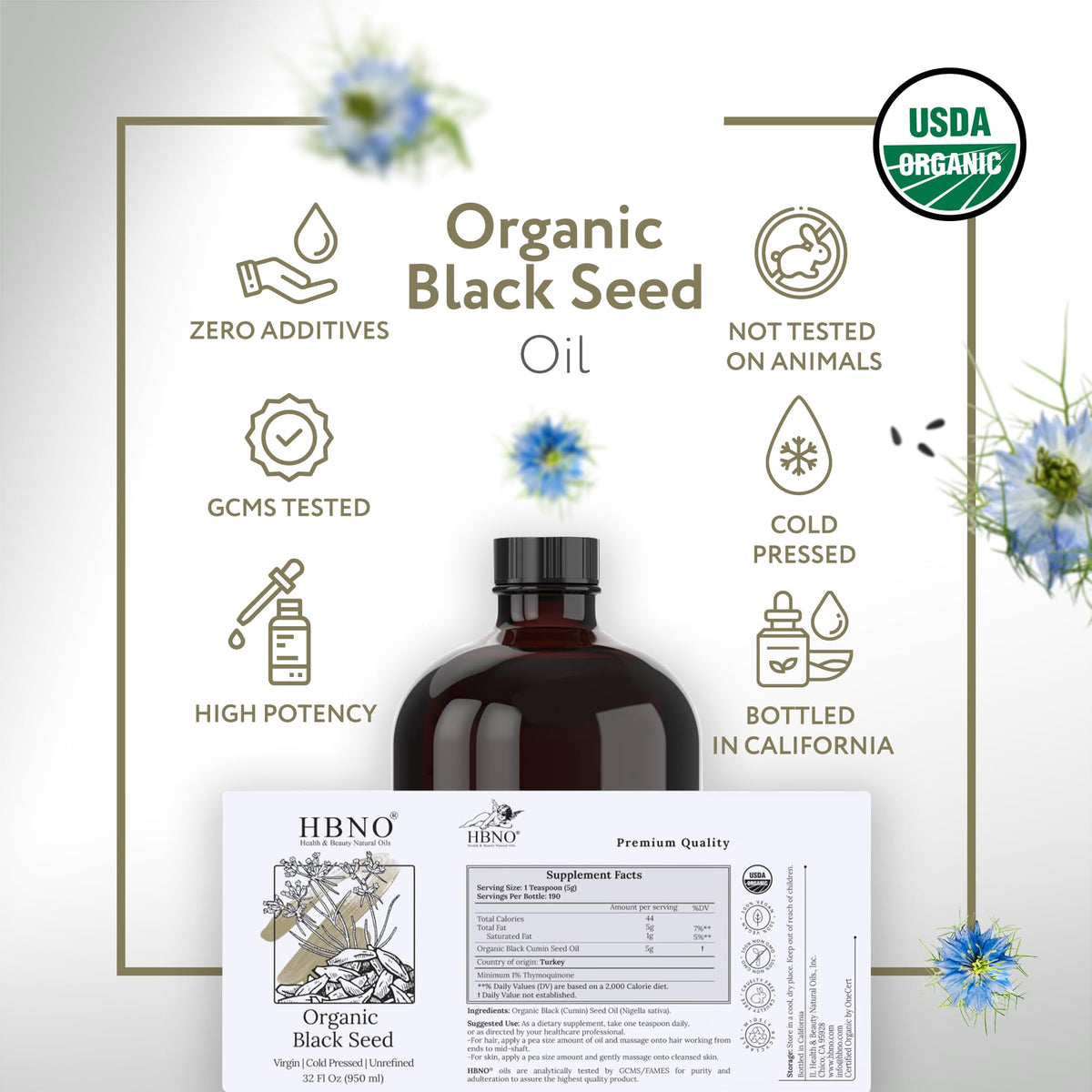 HBNO bottle label detail showing USDA organic certification benefit