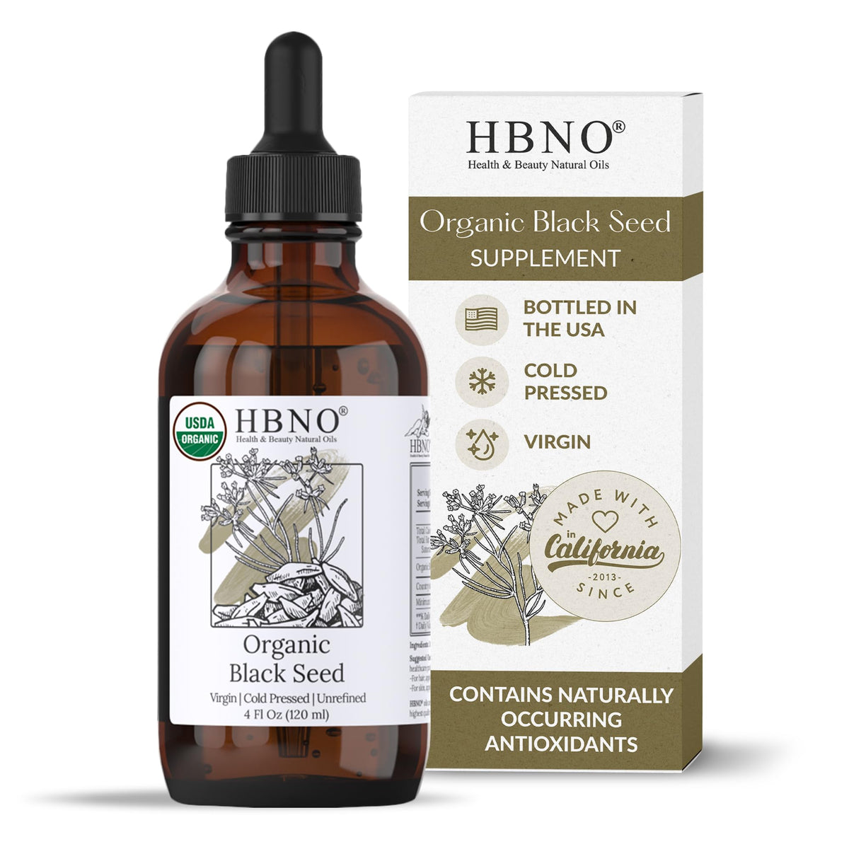 HBNO front packaging 4oz glass bottle showing label and seal for authenticity