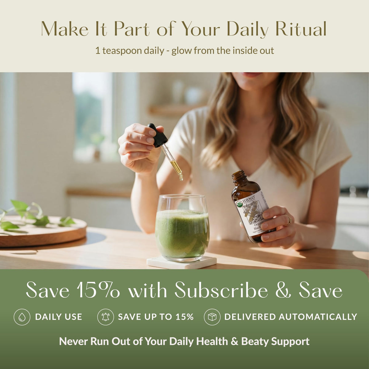 HBNO bottle on bathroom vanity in lifestyle setting suggesting daily routine use