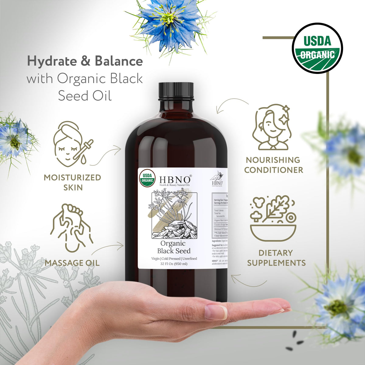 HBNO oil close-up texture highlighting cold-pressed purity benefit
