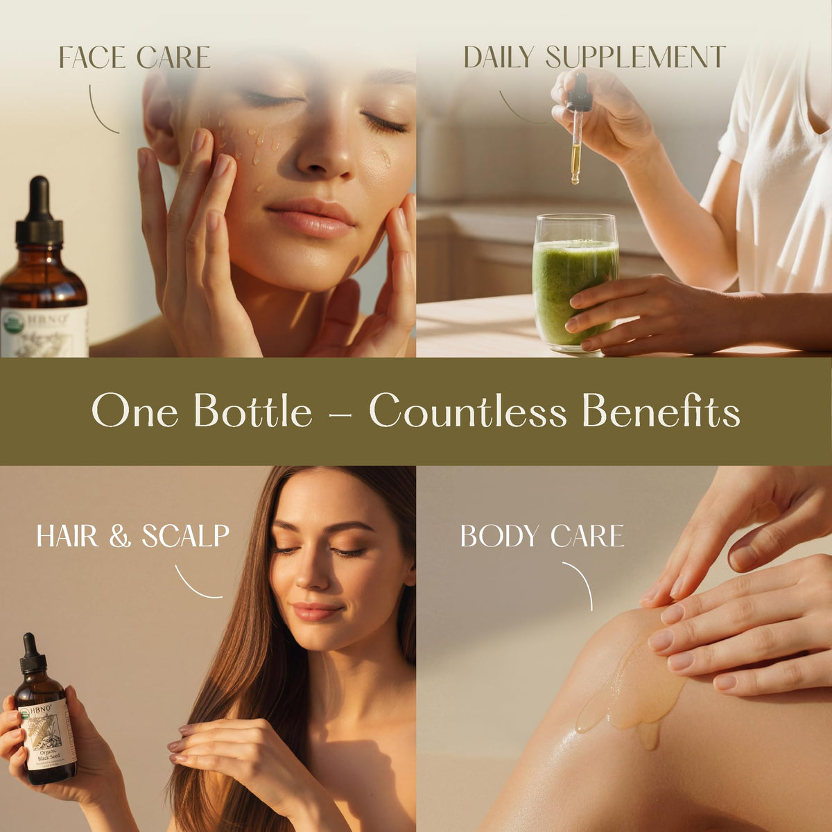 HBNO oil poured into hand demonstrating lightweight absorption for skin