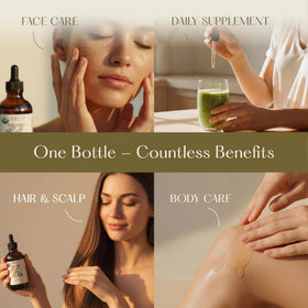HBNO oil poured into hand demonstrating lightweight absorption for skin