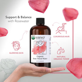 HBNO close-up of rose water texture and clarity, emphasizes purity
