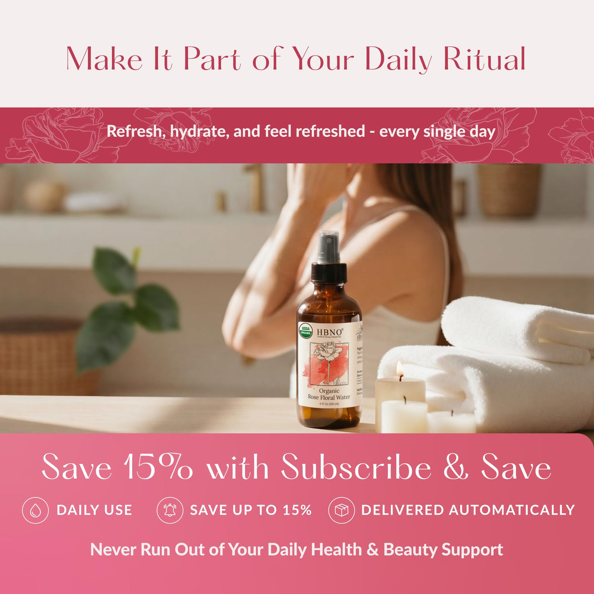 HBNO bottle on bathroom shelf in lifestyle setting for daily routine benefit
