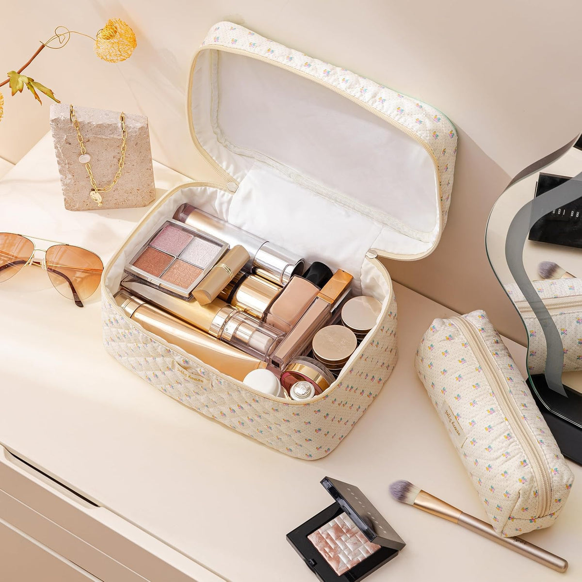 HBselect large pouch open top-down with skincare inside for easy travel packing