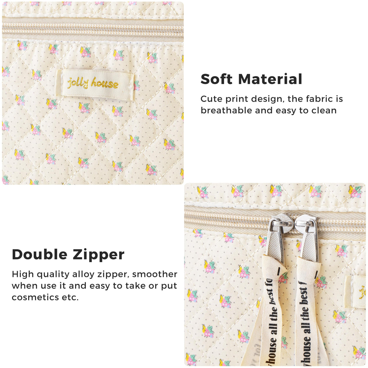 HBselect close-up of gold-plated double zipper and reinforced stitching durability