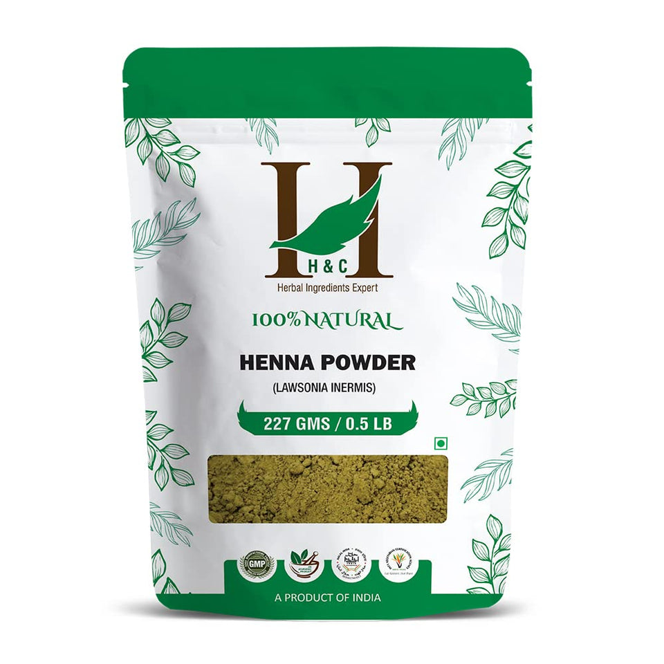 H&C front packaging showing 227g pure henna powder and label benefits