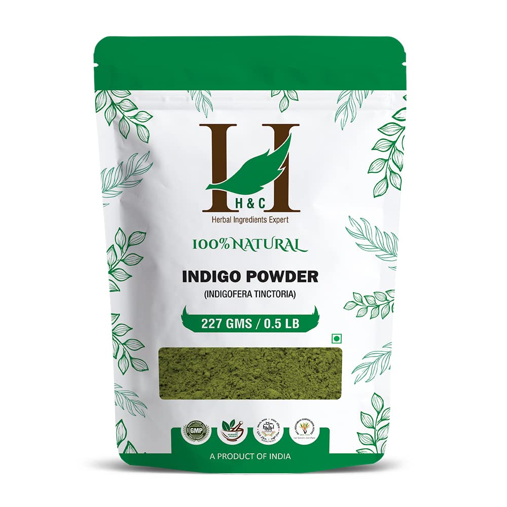 H&C front packaging showing 227g indigo powder and natural benefit