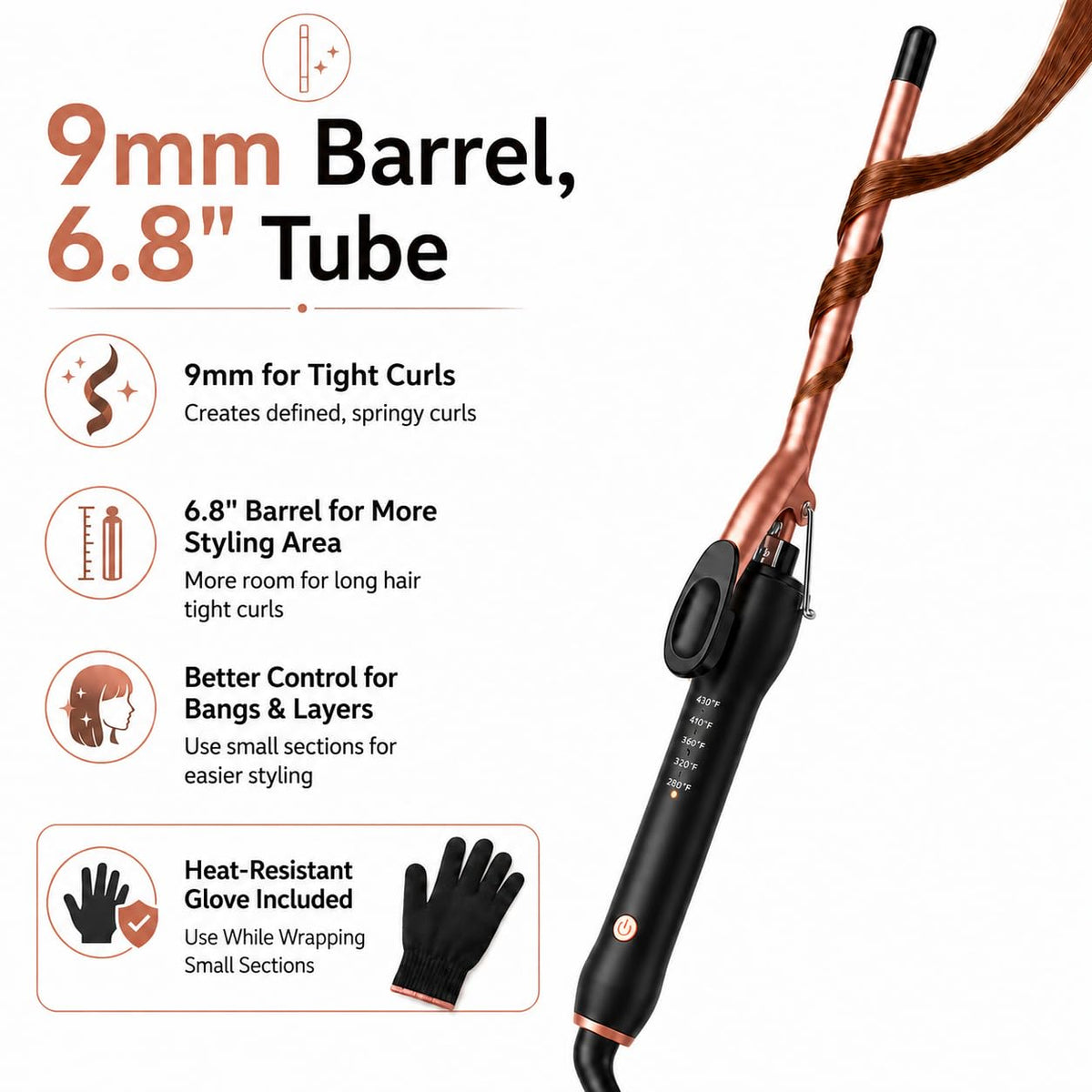 HCAH wand wrapping long hair on extra-long barrel for full-length curls