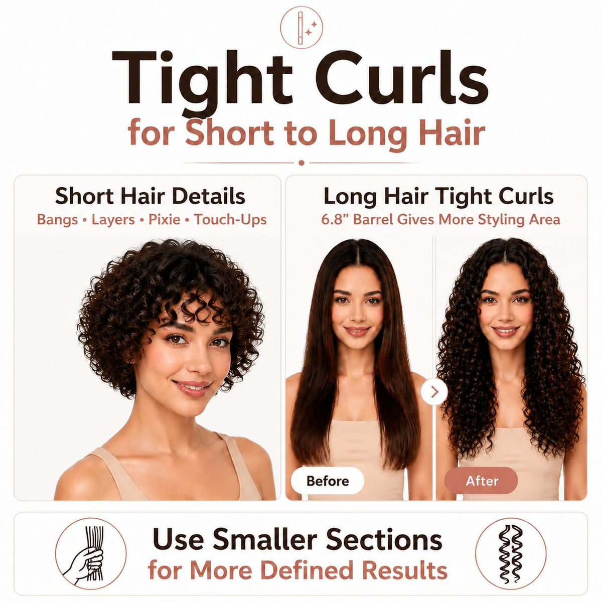 HCAH wand creating tight curls on short hair for defined ringlets