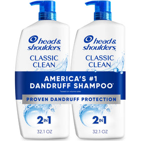 Head & Shoulders front packaging showing twin 32.1 fl oz bottles and benefits