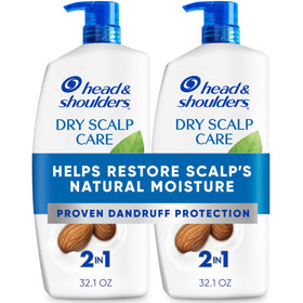 Head & Shoulders front packaging showing twin 32.1 fl oz bottles and benefits