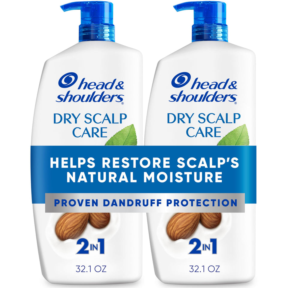 Head & Shoulders front packaging showing twin 32.1 fl oz bottles and benefits
