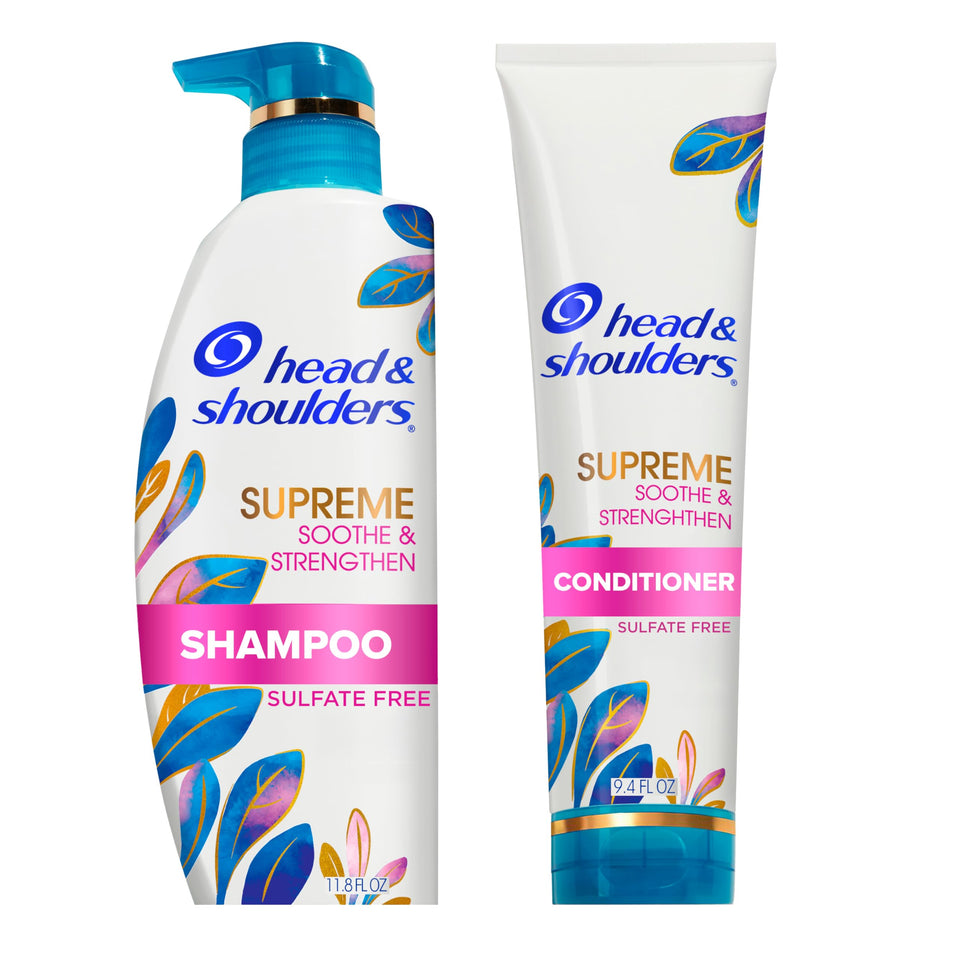 Head & Shoulders front packaging showing the Supreme Soothe & Strengthen set and benefits