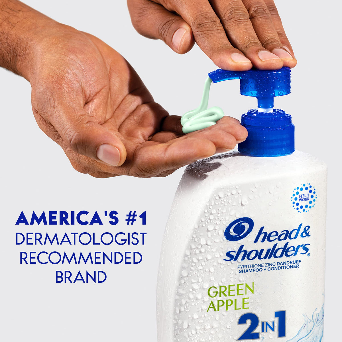 Head & Shoulders green apple twin pack next to a ruler showing large 32.1 fl oz size benefit