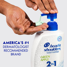 Head & Shoulders green apple twin pack next to a ruler showing large 32.1 fl oz size benefit