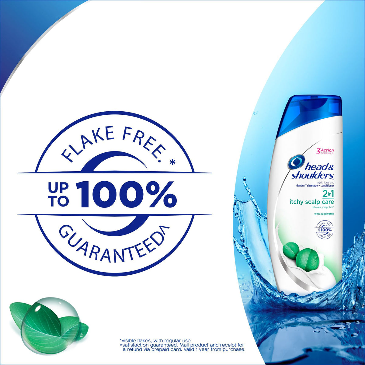 Head & Shoulders in-shower use scene demonstrating eucalyptus 2-in-1 calming itchy scalp while cleansing hair