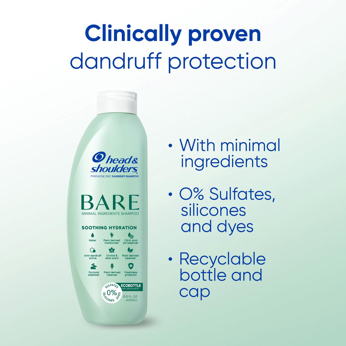 Head & Shoulders BARE back label showing active 1% pyrithione zinc and ingredients
