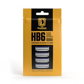 HeadBlade HB6 front packaging showing four cartridges and adapter, clear compatibility