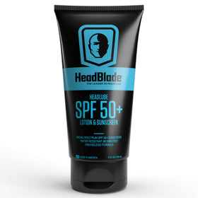 HeadBlade HeadLube front tube showing label and SPF 50 protection benefit