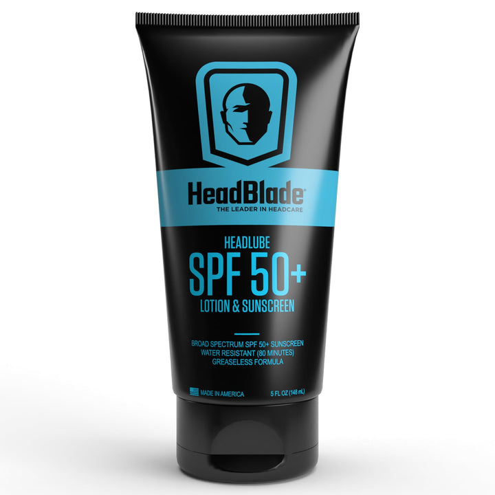 HeadBlade HeadLube front tube showing label and SPF 50 protection benefit