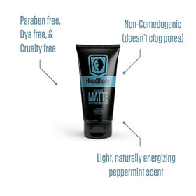 HeadBlade HeadLube Matte 5 oz next to ruler showing true size and travel-ready benefit