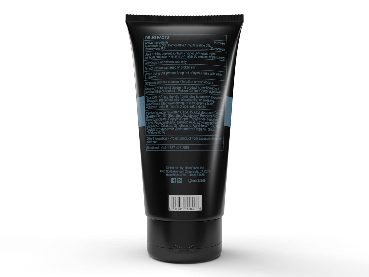 HeadBlade HeadLube packaging label detail highlighting broad-spectrum SPF benefit