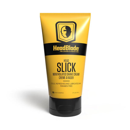 HeadBlade HeadSlick front tube showing branding and size, promotes easy storage