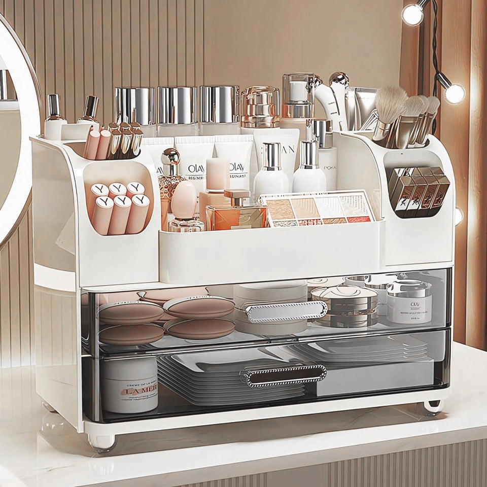 Heaime front view of white makeup organizer showing tidy cosmetics