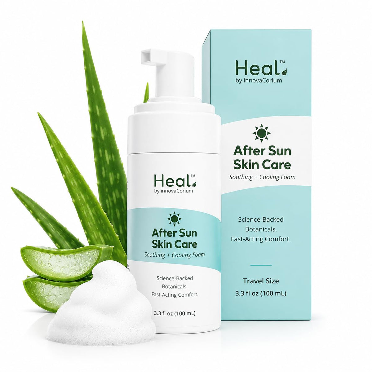 Heal by InnovaCorium front packaging showing compact travel bottle and branding benefits