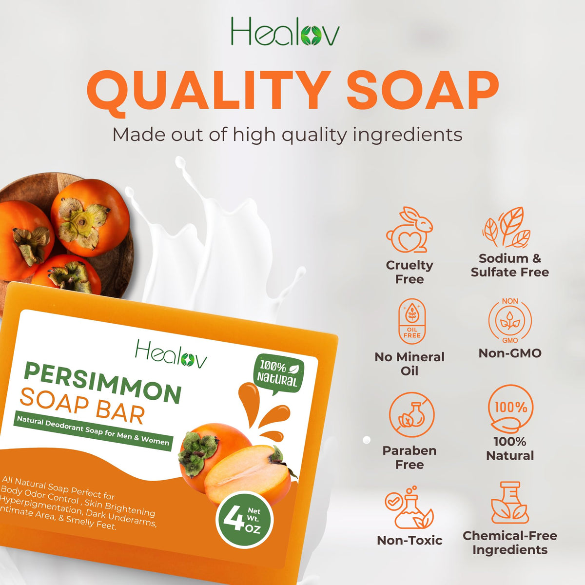 Healov persimmon soap in hand for size and portable 4 oz convenience