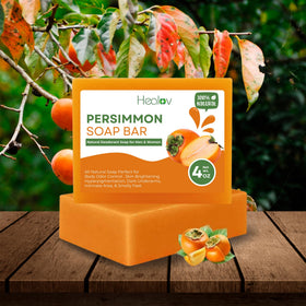 Healov persimmon soap on bathroom shelf suggesting daily routine freshness