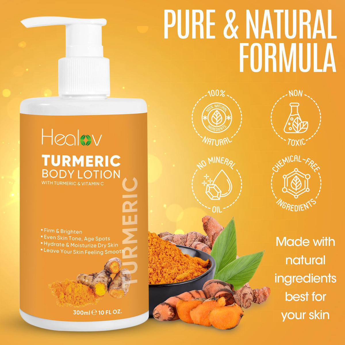 Healov turmeric lotion with turmeric and botanicals highlighting natural ingredients