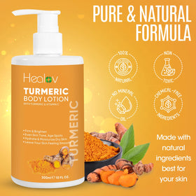 Healov turmeric lotion with turmeric and botanicals highlighting natural ingredients