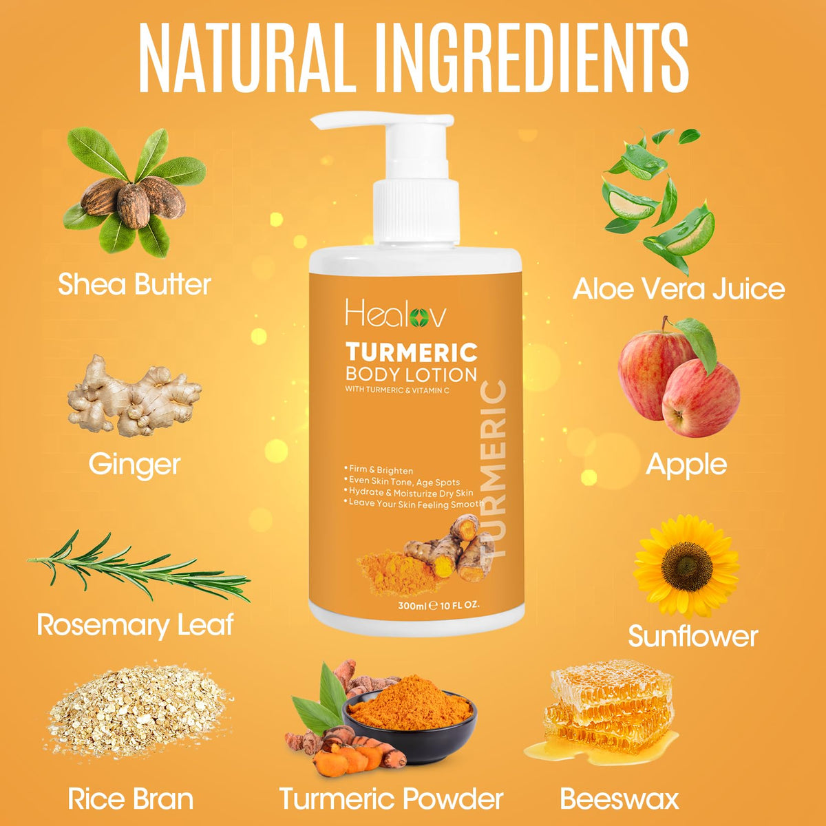Healov turmeric lotion bottle beside hand to show size and scale